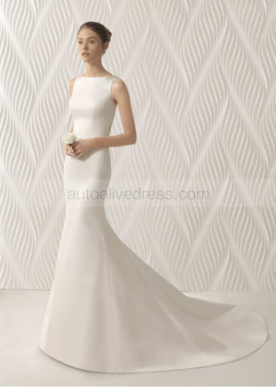 Boat Neck Ivory Satin Butterfly Back Wedding Dress